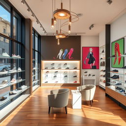 A interior design of a trendy shoe shop, featuring modern aesthetics with sleek, minimalist display shelves showcasing a variety of stylish shoes including sneakers, heels, and boots