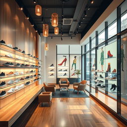 A interior design of a trendy shoe shop, featuring modern aesthetics with sleek, minimalist display shelves showcasing a variety of stylish shoes including sneakers, heels, and boots