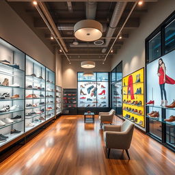A interior design of a trendy shoe shop, featuring modern aesthetics with sleek, minimalist display shelves showcasing a variety of stylish shoes including sneakers, heels, and boots