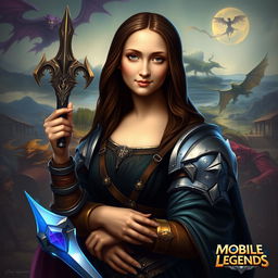 A creative reimagining of the Mona Lisa as a hero character in Mobile Legends