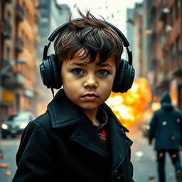 A young boy wearing a stylish black coat, with large headphones securely resting over his ears