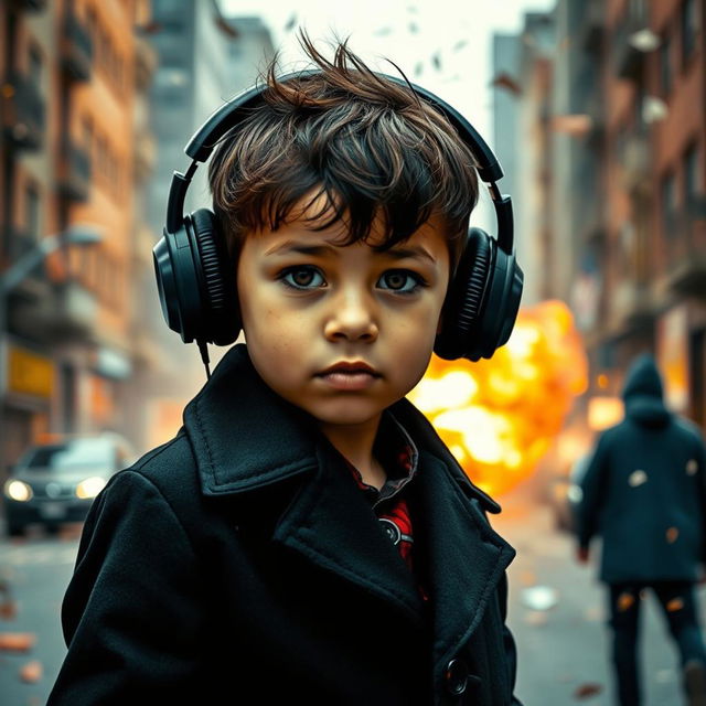 A young boy wearing a stylish black coat, with large headphones securely resting over his ears