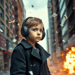 A young boy wearing a stylish black coat, with large headphones securely resting over his ears