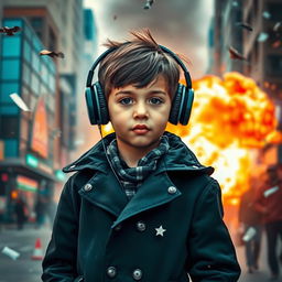 A young boy wearing a stylish black coat, with large headphones securely resting over his ears
