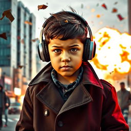 A young boy wearing a stylish black coat, with large headphones securely resting over his ears