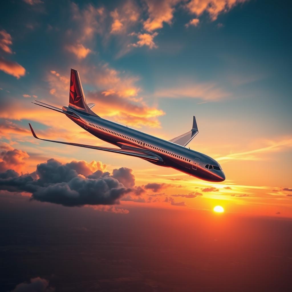 A majestic airplane soaring through a vibrant sunset sky, the wings illuminated by warm orange and pink hues