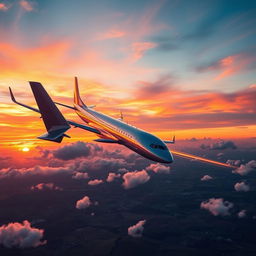 A majestic airplane soaring through a vibrant sunset sky, the wings illuminated by warm orange and pink hues