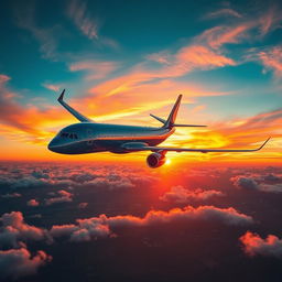 A majestic airplane soaring through a vibrant sunset sky, the wings illuminated by warm orange and pink hues