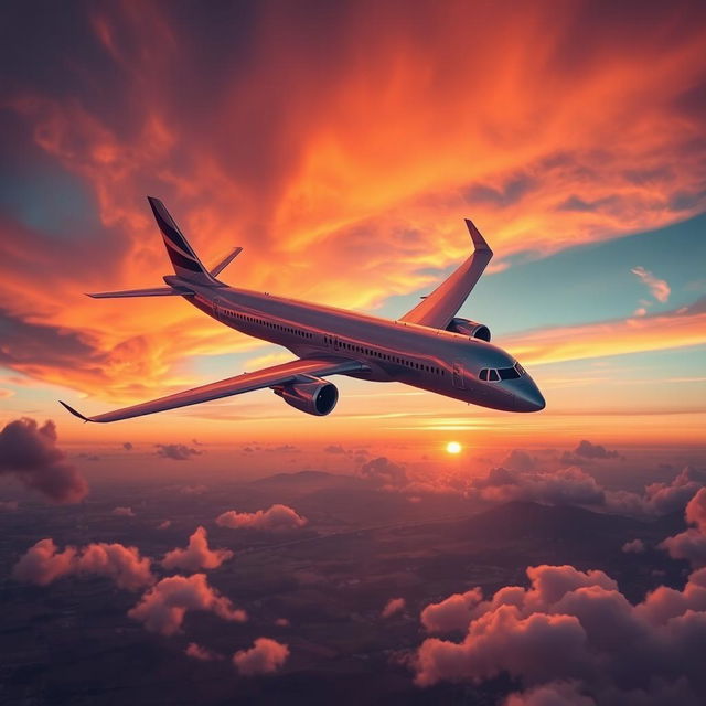 A majestic airplane soaring through a vibrant sunset sky, the wings illuminated by warm orange and pink hues