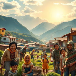 A vibrant scene depicting a community of migrants in a foreign country, showcasing their hard work and resilient spirit amidst beautiful landscapes