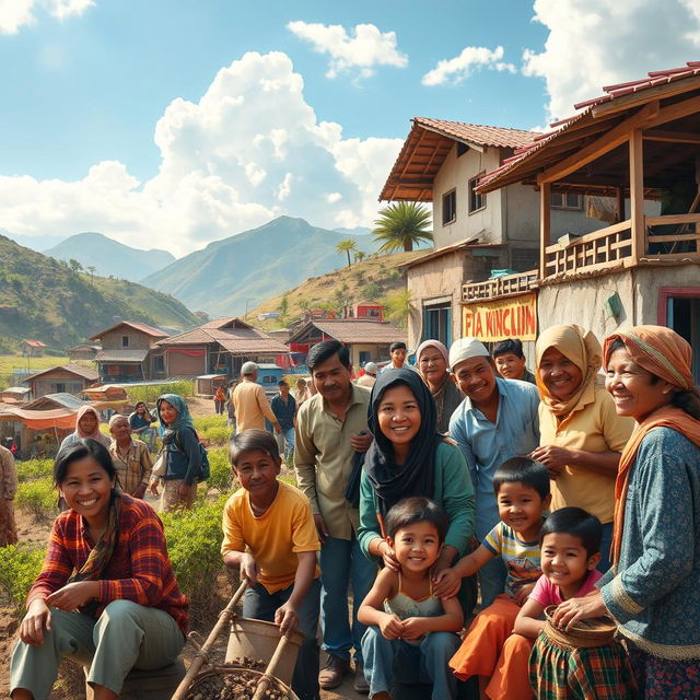 A vibrant scene depicting a community of migrants in a foreign country, showcasing their hard work and resilient spirit amidst beautiful landscapes