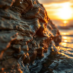 A close-up image of water artistically breaking against a large, jagged rock at sunset, the texture of the rock displaying layers of colors, with droplets of water splashing and glistening in the warm sunlight