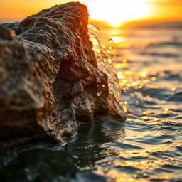 A close-up image of water artistically breaking against a large, jagged rock at sunset, the texture of the rock displaying layers of colors, with droplets of water splashing and glistening in the warm sunlight