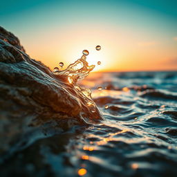 A close-up image of water artistically breaking against a large, jagged rock at sunset, the texture of the rock displaying layers of colors, with droplets of water splashing and glistening in the warm sunlight