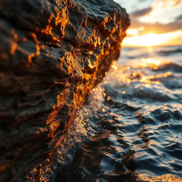 A close-up image of water artistically breaking against a large, jagged rock at sunset, the texture of the rock displaying layers of colors, with droplets of water splashing and glistening in the warm sunlight