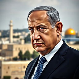 A portrait of Benjamin Netanyahu, depicting him in his iconic suit and tie, standing confidently with a serious expression