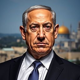 A portrait of Benjamin Netanyahu, depicting him in his iconic suit and tie, standing confidently with a serious expression