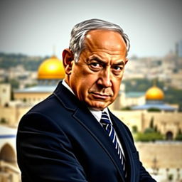 A portrait of Benjamin Netanyahu, depicting him in his iconic suit and tie, standing confidently with a serious expression