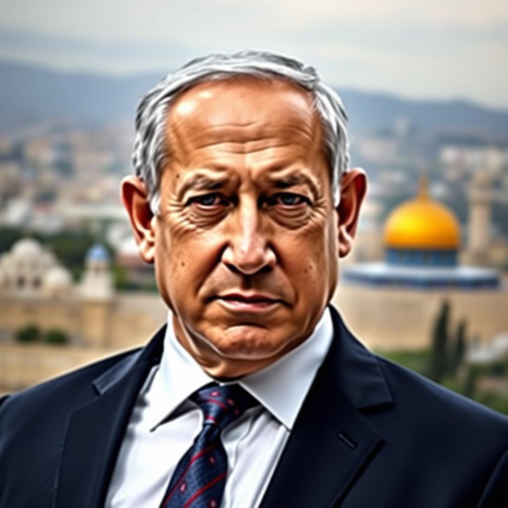 A portrait of Benjamin Netanyahu, depicting him in his iconic suit and tie, standing confidently with a serious expression