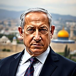 A portrait of Benjamin Netanyahu, depicting him in his iconic suit and tie, standing confidently with a serious expression