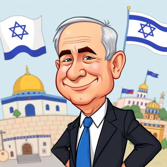 A whimsical caricature of Benjamin Netanyahu, exaggerated features including a prominent nose and wide smile, dressed in a suit with a blue tie