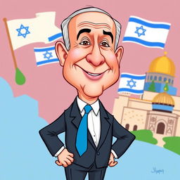 A whimsical caricature of Benjamin Netanyahu, exaggerated features including a prominent nose and wide smile, dressed in a suit with a blue tie