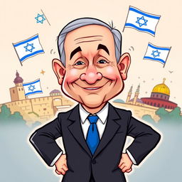 A whimsical caricature of Benjamin Netanyahu, exaggerated features including a prominent nose and wide smile, dressed in a suit with a blue tie