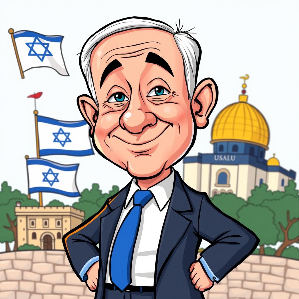 A whimsical caricature of Benjamin Netanyahu, exaggerated features including a prominent nose and wide smile, dressed in a suit with a blue tie