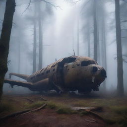 A hyper-realistic digital art showcasing a dilapidated airplane wreckage in the middle of a dark, foggy forest