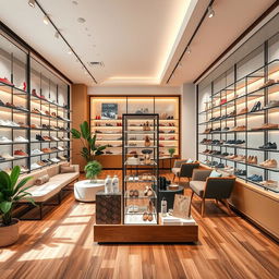 A stylish and modern shoes shop interior, featuring stylish shelves displaying various trendy footwear including sneakers, heels, and sandals