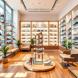 A stylish and modern shoes shop interior, featuring stylish shelves displaying various trendy footwear including sneakers, heels, and sandals