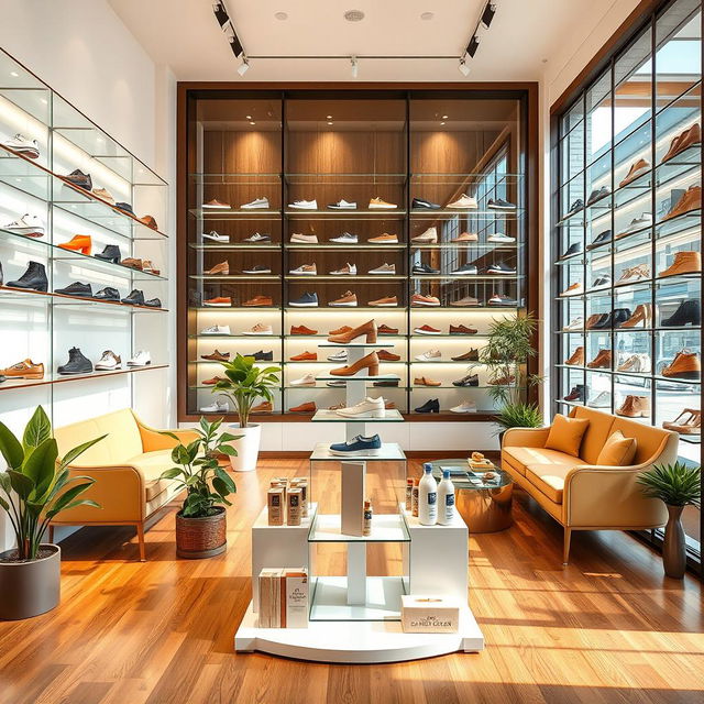 A stylish and modern shoes shop interior, featuring stylish shelves displaying various trendy footwear including sneakers, heels, and sandals