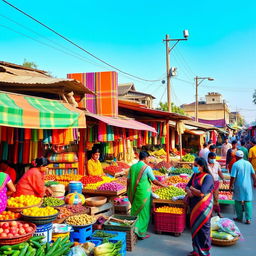 A vibrant and bustling market scene in Tangail, Bangladesh, showcasing a variety of colorful stalls filled with local products, vegetables, fruits, textiles, and traditional handicrafts