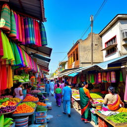 A vibrant and bustling market scene in Tangail, Bangladesh, showcasing a variety of colorful stalls filled with local products, vegetables, fruits, textiles, and traditional handicrafts