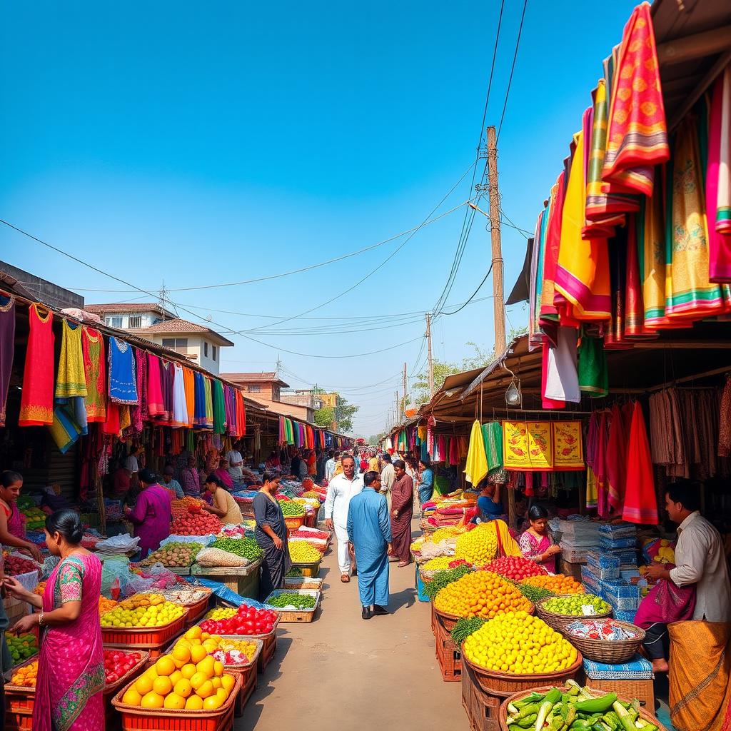 A vibrant and bustling market scene in Tangail, Bangladesh, showcasing a variety of colorful stalls filled with local products, vegetables, fruits, textiles, and traditional handicrafts