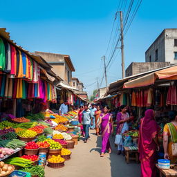 A vibrant and bustling market scene in Tangail, Bangladesh, showcasing a variety of colorful stalls filled with local products, vegetables, fruits, textiles, and traditional handicrafts