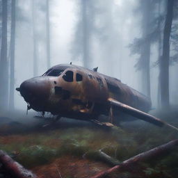 A hyper-realistic digital art showcasing a dilapidated airplane wreckage in the middle of a dark, foggy forest