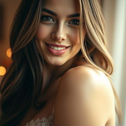 A close-up shot of a beautiful, confident young woman with long hair, showcasing her alluring smile