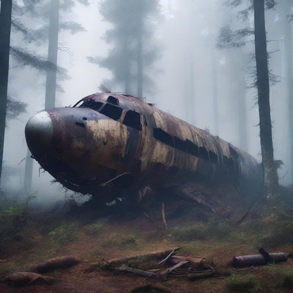 A hyper-realistic digital art showcasing a dilapidated airplane wreckage in the middle of a dark, foggy forest