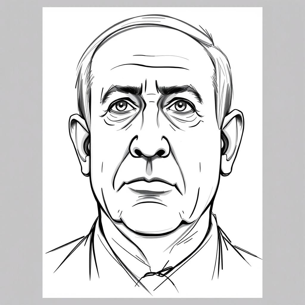 A creative portrait of Benjamin Netanyahu's face, rendered in a three-sided sketch technique