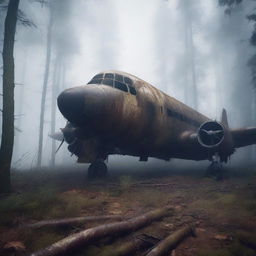 A hyper-realistic digital art showcasing a dilapidated airplane wreckage in the middle of a dark, foggy forest