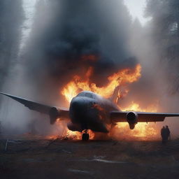 An image of a hyper-realistic digital art displaying a scene of a plane crash, engulfed in flames, in the midst of a dark and foggy forest