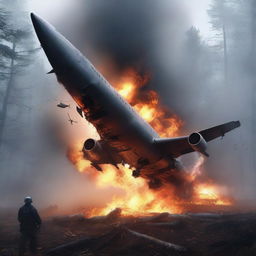 An image of a hyper-realistic digital art displaying a scene of a plane crash, engulfed in flames, in the midst of a dark and foggy forest