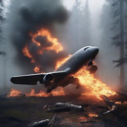 An image of a hyper-realistic digital art displaying a scene of a plane crash, engulfed in flames, in the midst of a dark and foggy forest