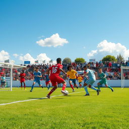 A vibrant and detailed scene of a soccer field (campo de fútbol) during a sunny day