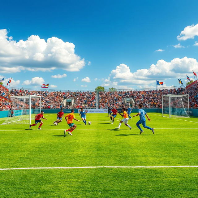 A vibrant and detailed scene of a soccer field (campo de fútbol) during a sunny day