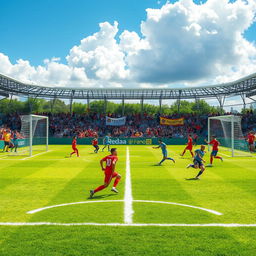 A vibrant and detailed scene of a soccer field (campo de fútbol) during a sunny day