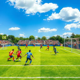 A vibrant and detailed scene of a soccer field (campo de fútbol) during a sunny day