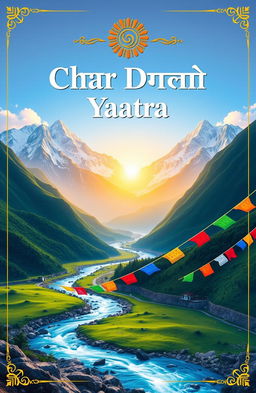 A visually stunning cover page for the Char Dham pilgrimage, featuring a serene and majestic landscape of the four sacred shrines: Yamunotri, Gangotri, Kedarnath, and Badrinath