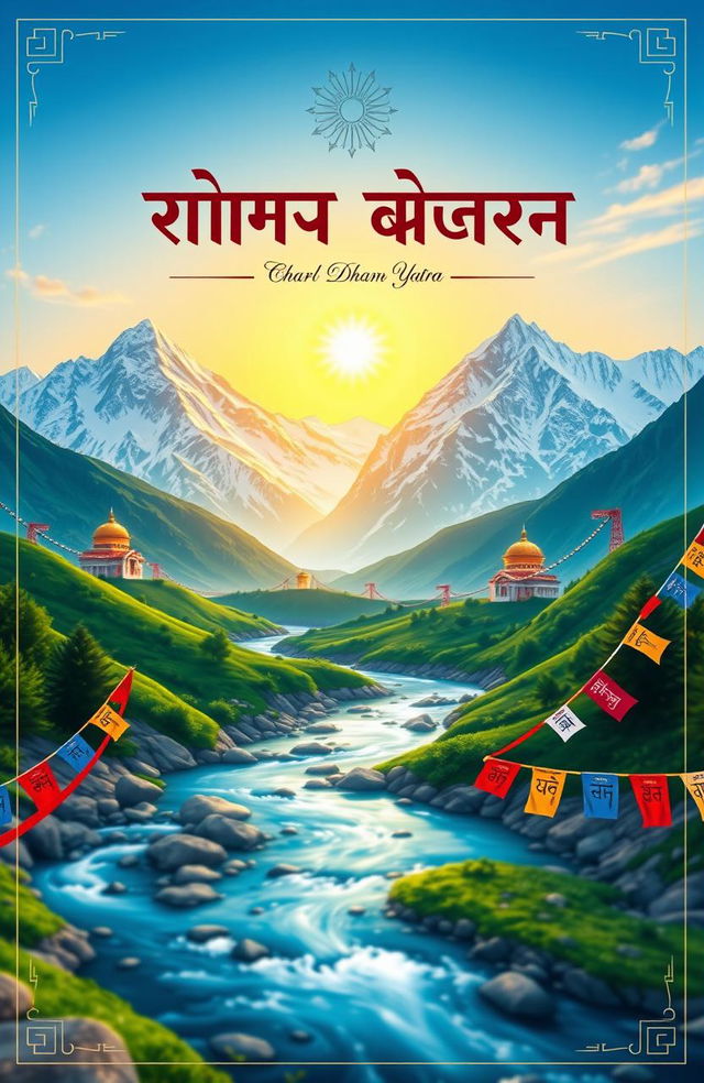 A visually stunning cover page for the Char Dham pilgrimage, featuring a serene and majestic landscape of the four sacred shrines: Yamunotri, Gangotri, Kedarnath, and Badrinath